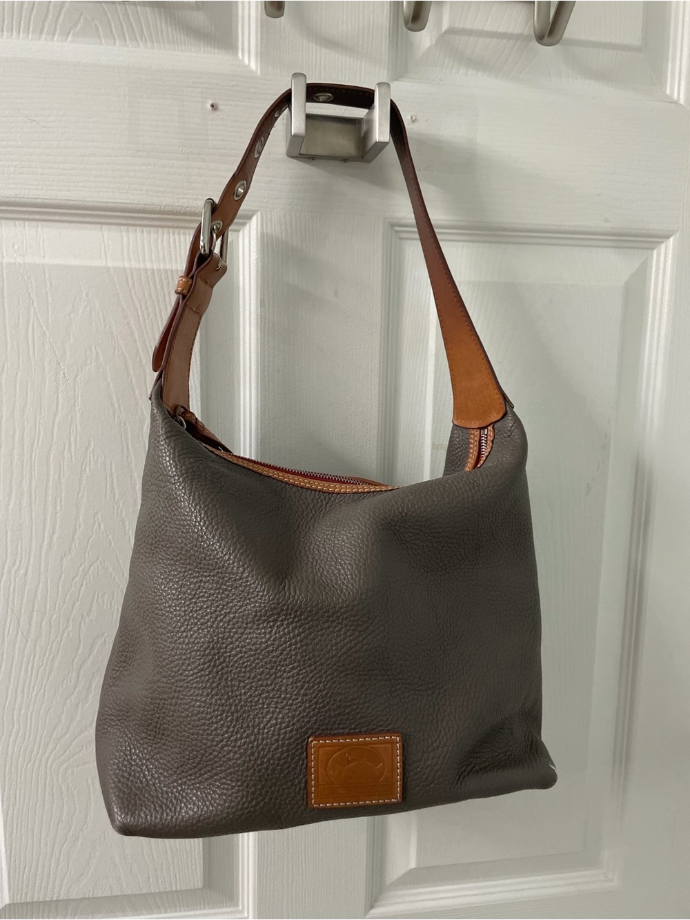 Dooney & Bourke Gray Pebbled Leather Shoulder Hobo with Brown Trim